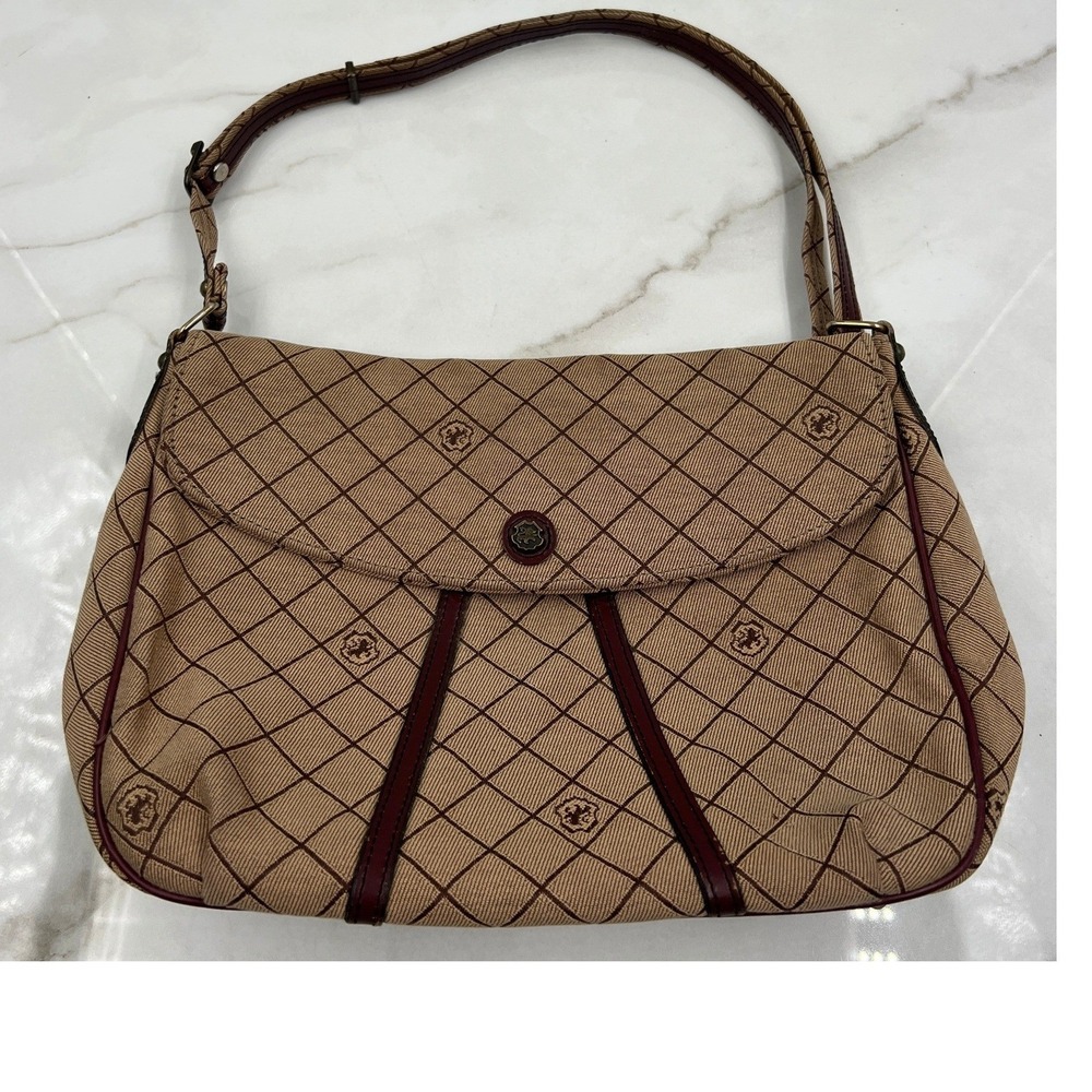 VTG John Romaine Tan Diamond Crest Shoulder Bag Canvas Brass Hardware